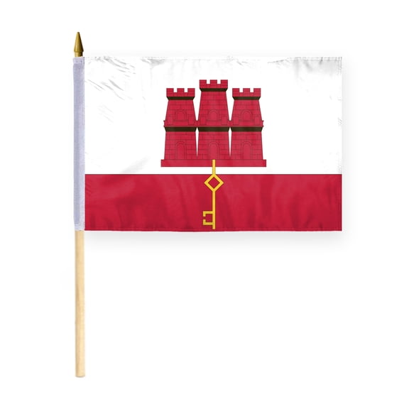 AGAS Gibraltar Flag 12x18 inch - 24" Wood Pole 100% Polyester Double Stitched Gibraltarian National Mini Handheld Flag