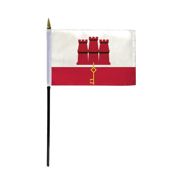 AGAS Gibraltar Flag 4x6 inch - 11" Plastic Pole 100% Polyester Stitched Edges Gibraltarian National Mini Flag on a Stick