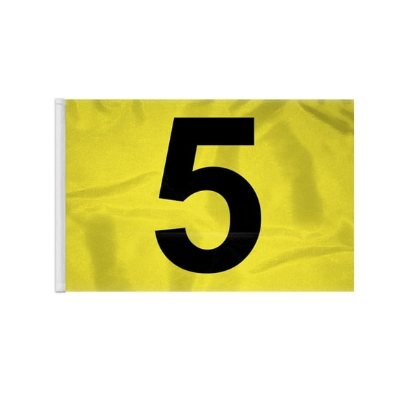 AGAS Golf Flags - 14x20 inch, Course No. 5. Yellow flags with black numbers. Outdoor nylon, 18 hole. Putting green flag tube #5