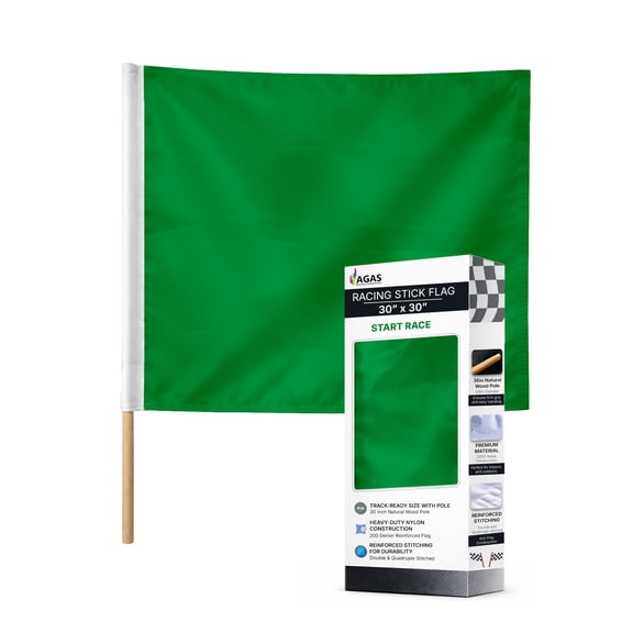 AGAS Green Racing Flag 30x30 inch – Heavy Duty Nylon, Stitched, Mounted on 36 inch Wood Pole.