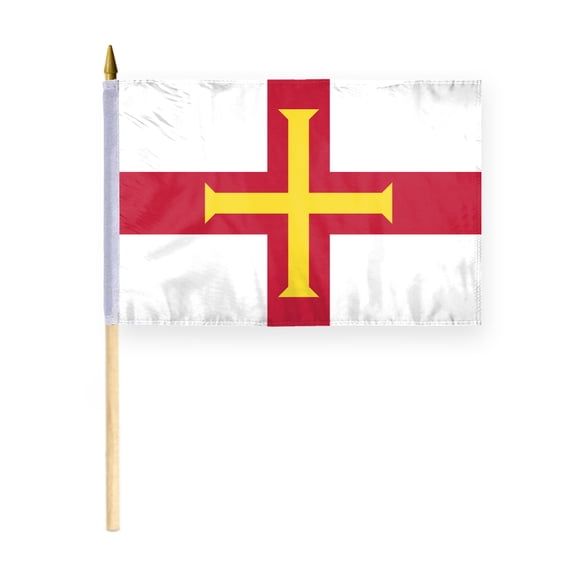 AGAS Guernsey Flag 12x18 inch - 24" Wood Pole 100% Polyester Double Stitched Guernsey British Island National Mini Handheld Flag