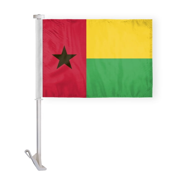 AGAS Guinea Bissau Car Flag Premium 10.5x15 inch Printed Double Sided on Super Knit Polyester Double Stitched 19 Inch White Plastic Unbreakable Stiff Pole Bissau-Guinean National Car Flag