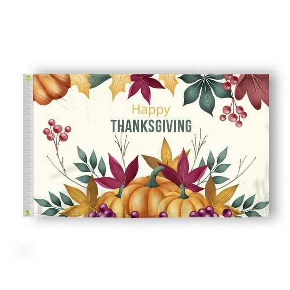 AGAS Happy Thanksgiving Flag - Pumpkin, Berries, and Leaves on White, 3x5 ft, 200D Nylon