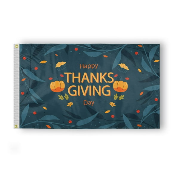 AGAS Happy Thanksgiving Flag Pumpkin on Sea Green Background 5 x 8 ft 200D Nylon Outdoor Flag and Banner