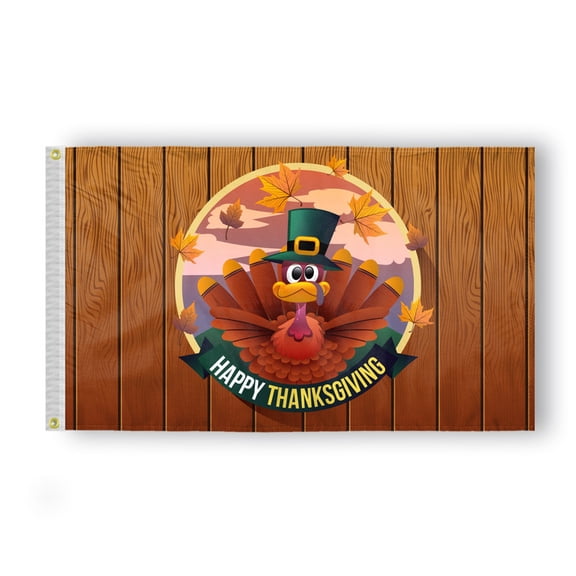 AGAS Happy Thanksgiving Indoor/Outdoor Flags - Turkey with Hat on Wooden Background, 5x8 ft, 200D Nylon