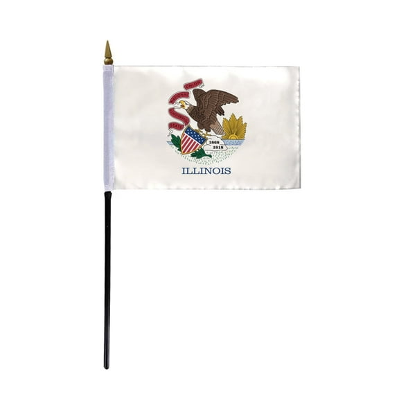AGAS Illinois Stick Flag 4x6 Inch with 11 inch Plastic Pole - Printed Polyester - State of Illinois Small Flag on Stick