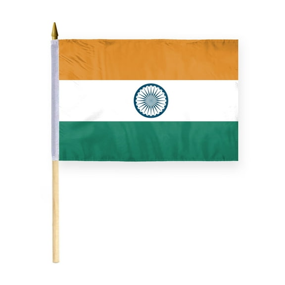 AGAS India Stick Flag 12x18 inch mounted onto 24 inch Wood Pole - Printed Single Sided on Polyester - Stitched Edges - Mini Indian Flag Ind Flag Indian Tricolour Tiranga.