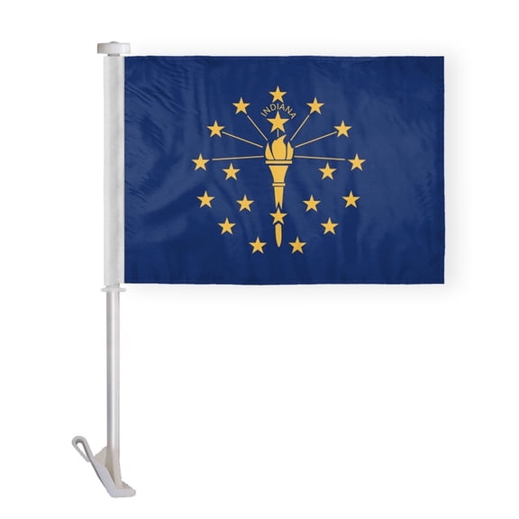 AGAS Indiana State Car Window Flag 10.5x15 inch - Double Side Printed Knitted Polyester - 19 Inch White Plastic Unbreakable Pole Tough Indiana Car Flag
