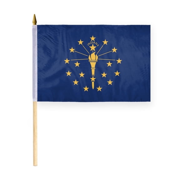 AGAS Indiana Stick Flag 12x18 Inch with 24 inch Wood Pole - Printed Polyester - State of Indiana Handheld Desk Flag Small Indiana Flag