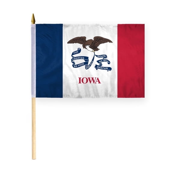 AGAS Iowa Stick Flag 12x18 Inch with 24 inch Wood Pole - Printed Polyester - State of Iowa Handheld Desk Flag Small Iowa Flag