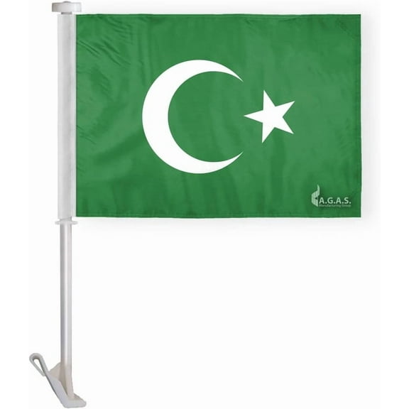 AGAS Islamic Premium Car Flag 10.5x15 inch- Double Sided, Wrap Knitted Polyester w/ 19" Stiff Pole