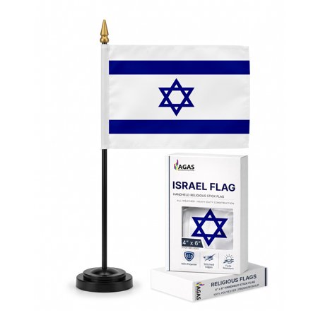 AGAS Israel Stick Flag 4x6 Inch - UV Resistant Polyester w/ Gold Ball Spear Top & 11" Plastic Pole