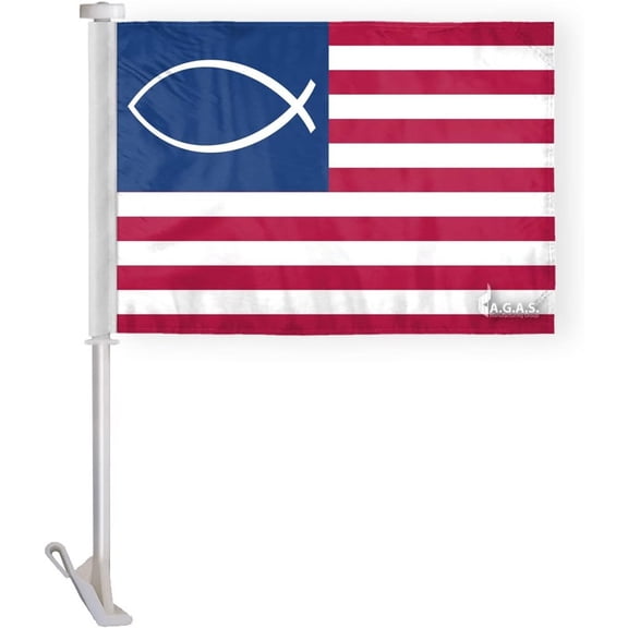 AGAS Jesus Fish Premium Car Flag 10.5x15 inches - Double Sided, Wrap Knitted Polyester, 19" Pole