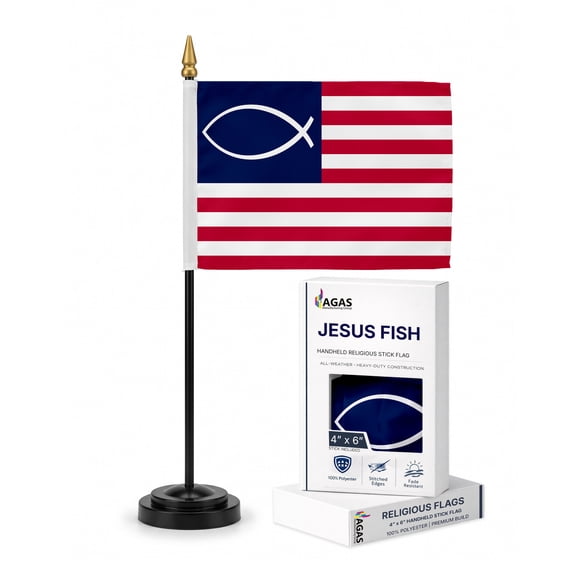 AGAS Jesus Fish Stick Flag 4x6 inch- Single Sided, Polyester, 11" Black Plastic Pole