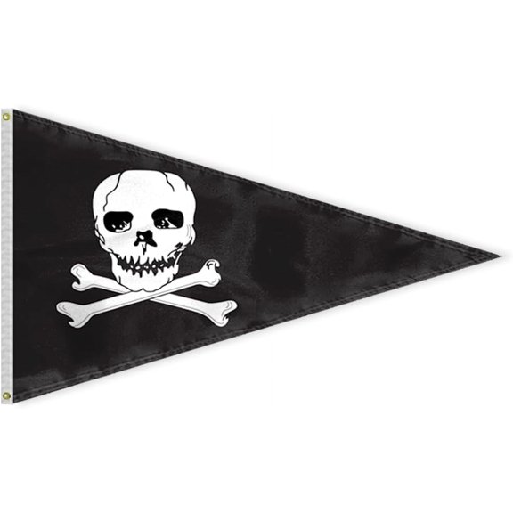 AGAS Jolly Roger Pirates Pennant Flags 3 x 5 Ft - Printed 200D Nylon Stitched Edges - Jolly Roger Nylon Pennant Flag with header and brass gommets