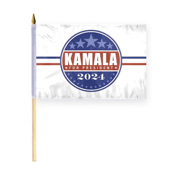 AGAS Kamala Harris 12x18 Inch Stick Flag - Polyester Fabric with 24 Inch Tall Natural Wood Pole - Blue & Red Wave Design Flag- US Presidential Election Flag