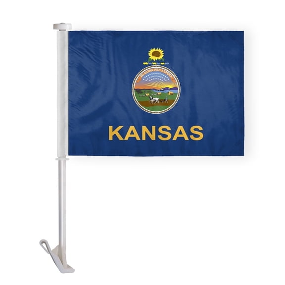 AGAS Kansas State Car Window Flag 10.5x15 inch - Double Side Printed Knitted Polyester - 19 Inch White Plastic Unbreakable Pole Tough Kansas Car Flag