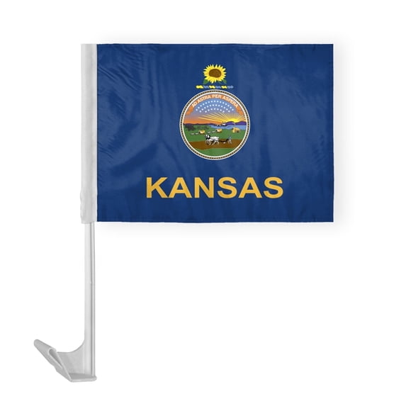 AGAS Kansas State Car Window Flag 12x16 Inch - Printed Polyester - 17 Inch White Plastic Flex Pole State of Kansas Car Flag