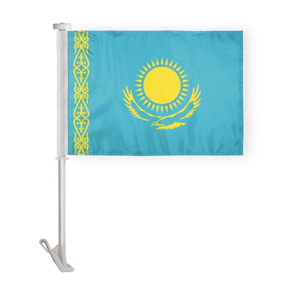 AGAS Kazakhstan Car Flag Premium 10.5x15 inch Printed Double Sided on Super Knit Polyester Fabric Double Stitched 19 Inch White Plastic Unbreakable Stiff Pole High Visibility Kazak National Car Flag
