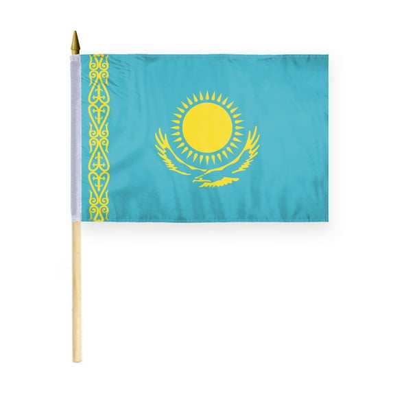 AGAS Kazakhstan Flag 12x18 inch - 24" Wood Pole 100% Polyester Double Stitched Kazak National Mini Handheld Flag