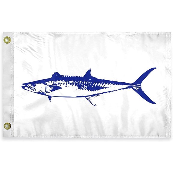 AGAS King Mackerel Novelty Boat Flag - 12 x 18 inch - Double Sided Printed 200D Nylon - Solid Brass Eyelets Canvas Heading - Vivid Colors Fade Proof - King Mackerel Funny Boat Nautical Flag