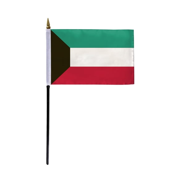 AGAS Kuwait Flag 4x6 inch - 11" Plastic Pole 100% Polyester Stitched Edges Kuwaiti National Mini Flag on a Stick