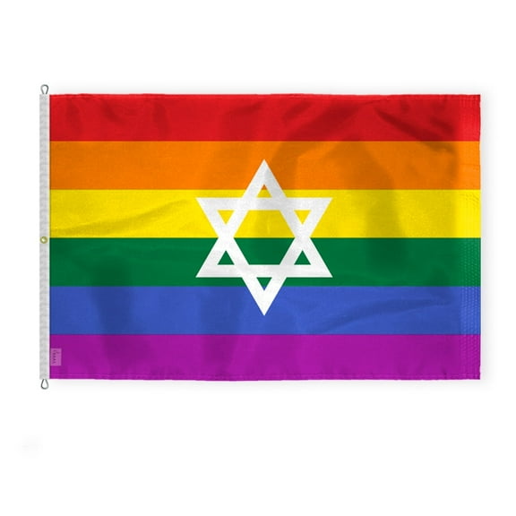 AGAS Large Israel Rainbow Pride Flag 8x12 Ft - Printed 200D Nylon - Rope Thimble Brass Grommet Stitched Edges Fade Proof Sharp Colors - Large Size Indoor/Outdoor Jewish Pride flag