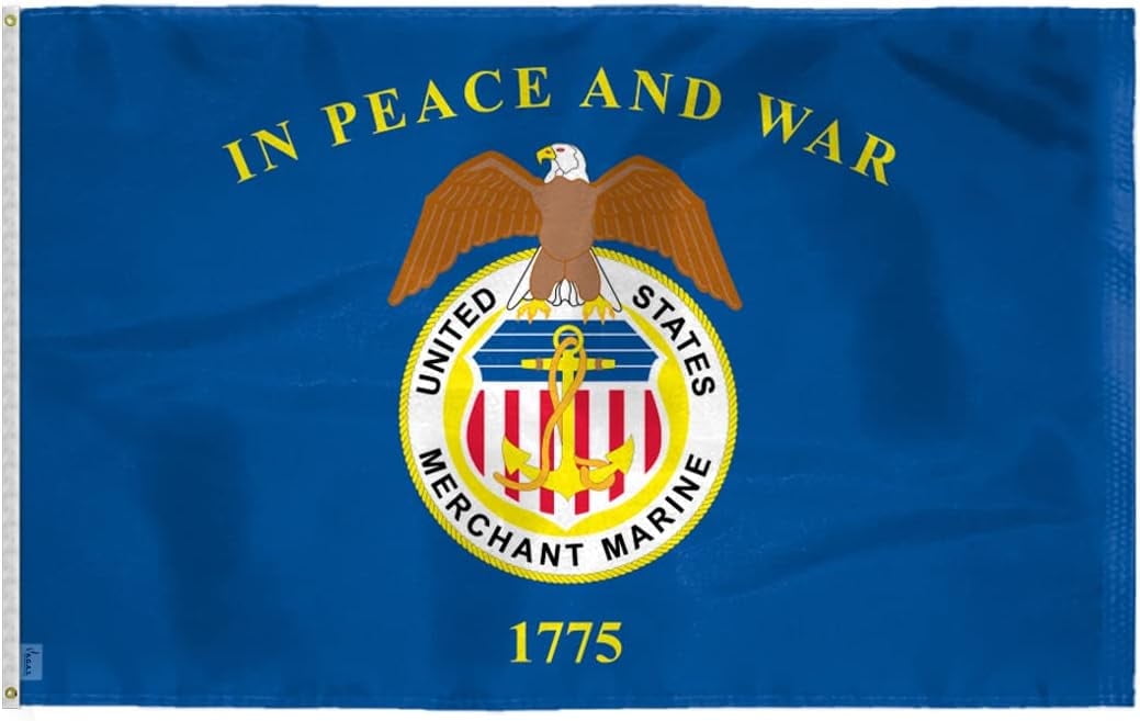 AGAS Large United States Merchant Marines Flag 5x8 Ft - Printed 200D Nylon Canvas Header Two Brass Grommets Big USA Merchant Marines Flag