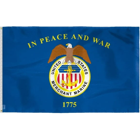AGAS Large United States Merchant Marines Flag 5x8 Ft - Printed 200D Nylon Canvas Header Two Brass Grommets Big USA Merchant Marines Flag