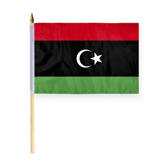 AGAS Libya Flag 12x18 inch - 24" Wood Pole 100% Polyester Double Stitched Libyan National Mini Handheld Flag