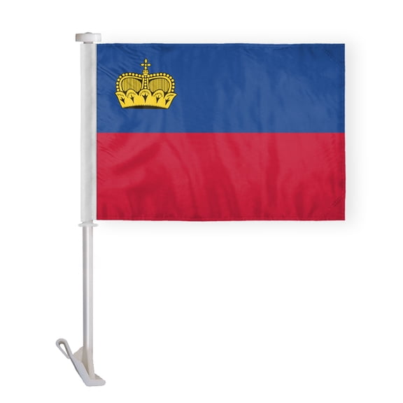 AGAS Liechtenstein Car Flag Premium 10.5x15 inch Printed Double Sided on Super Knit Polyester Double Stitched 19 Inch White Plastic Unbreakable Stiff Pole Landtag National Car Flag