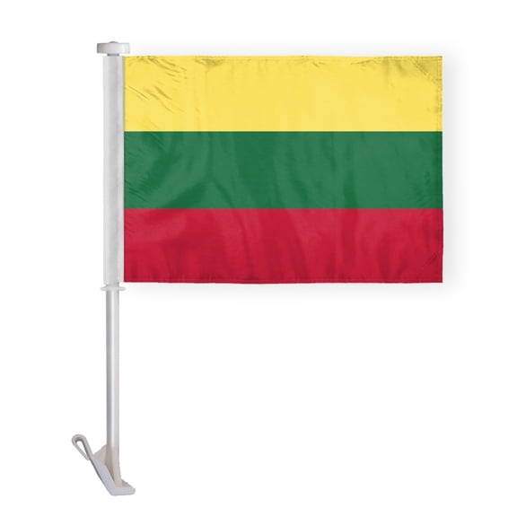 AGAS Lithuania Car Flag Premium 10.5x15 inch Printed Double Sided on Super Knit Polyester Double Stitched 19 Inch White Plastic Unbreakable Stiff Pole Lithuanian National Car Flag