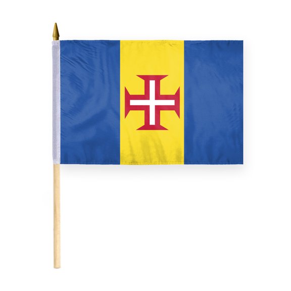 AGAS Madeira Flag 12x18 inch - 24" Wood Pole 100% Polyester Double Stitched Portugal Maderian National Mini Handheld Flag