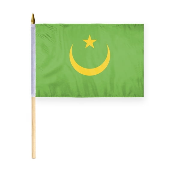 AGAS Mauritania Flag 12x18 inch - 24" Wood Pole 100% Polyester Double Stitched Mauritanian National Mini Handheld Flag