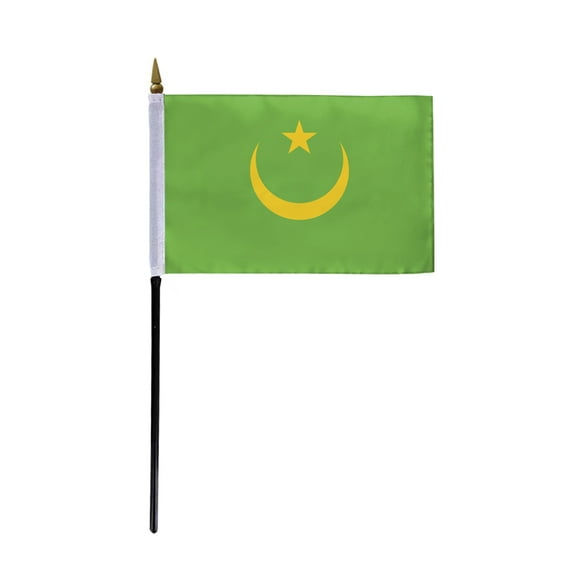 AGAS Mauritania Flag 4x6 inch - 11" Plastic Pole 100% Polyester Stitched Edges Mauritanian National Mini Flag on a Stick