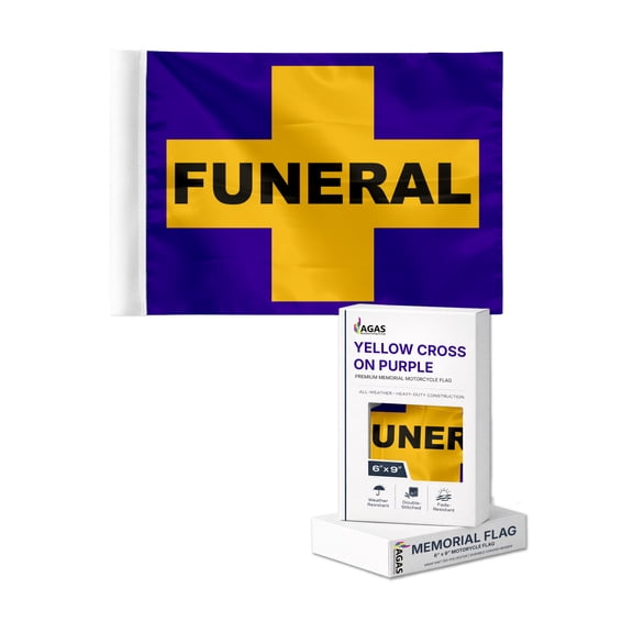 AGAS Memorial Service Funeral Motorcycle Flags - 6x9 inch Yellow Cross on Purple, Double-Sided, Wrap Knitted Polyester, Flag Only (No Pole)
