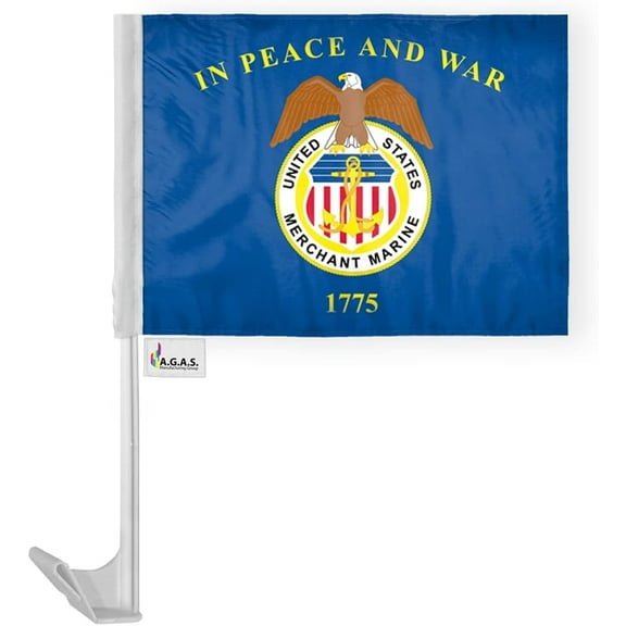 AGAS Merchant Marine Car Flag - 12x16 inch - Single Sided Printed Polyester - Double Stitched Edges - 17 inch White Plastic Flexible Pole with a Window Plastic Clip On.
