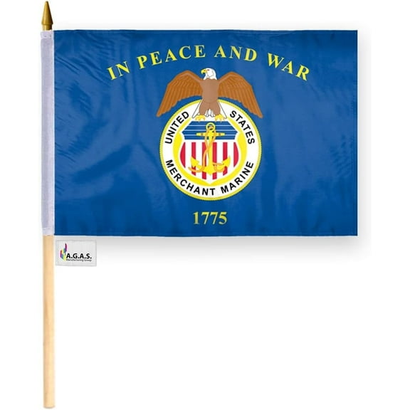 AGAS Merchant Marine Stick Flag - 12 x 18 inch - Printed Single Sided Polyester - Stitched Edges - 24 inch Natural Wood Pole - US Military Stick Flag.