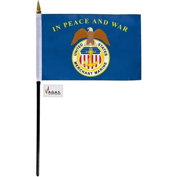 AGAS Merchant Marine Stick Flag - 4 x 6 inch - Printed Single Sided 200D Nylon - Stitched Edges - 11 inch Black Plastic Pole - US Military Stick Flag.