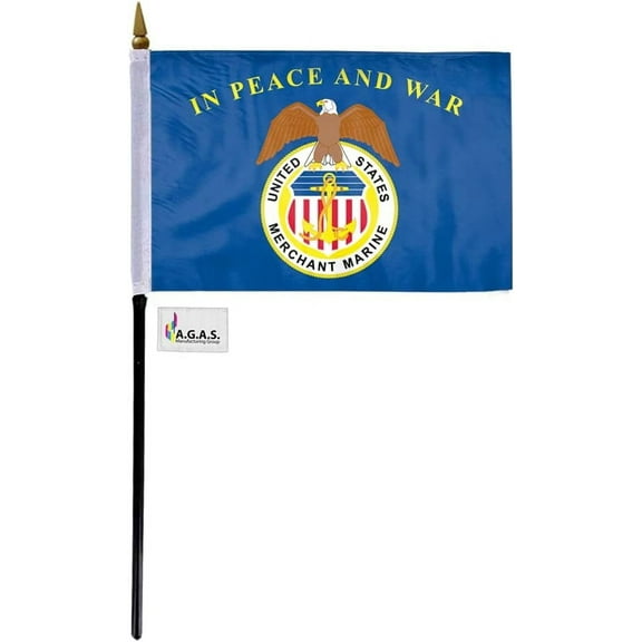 AGAS Merchant Marine Stick Flag - 4 x 6 inch - Printed Single Sided Polyester - Stitched Edges - 11 inch Black Plastic Pole - US Military Stick Flag.