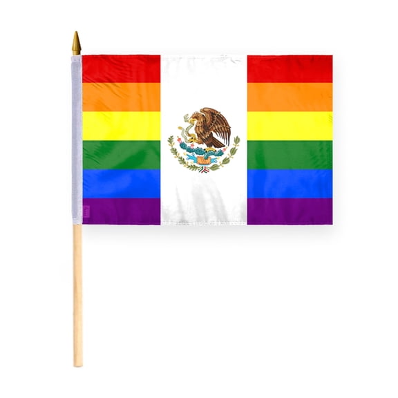 AGAS Mexico Rainbow Stick Flag 12x18 inch Flag on a 24 inch Wooden Flag Stick - Sewn Edges Fade Resistant Polyester - Mexican Pride Handheld Stick Flag