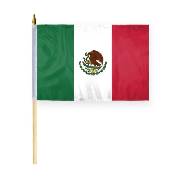 AGAS Mexico Stick Flag 12x18 inch mounted onto 24 inch Wood Pole - Printed Single Sided on Polyester - Stitched Edges - Mini Mexico Flag - Mx National Flag.