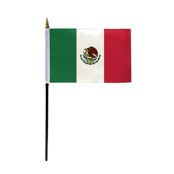 AGAS Mexico Stick Flag 4x6 inch mounted onto 11 inch Plastic Pole - Printed Single Sided on Polyester - Stitched Edges - Mini Mexico Flag - Mx National Flag.