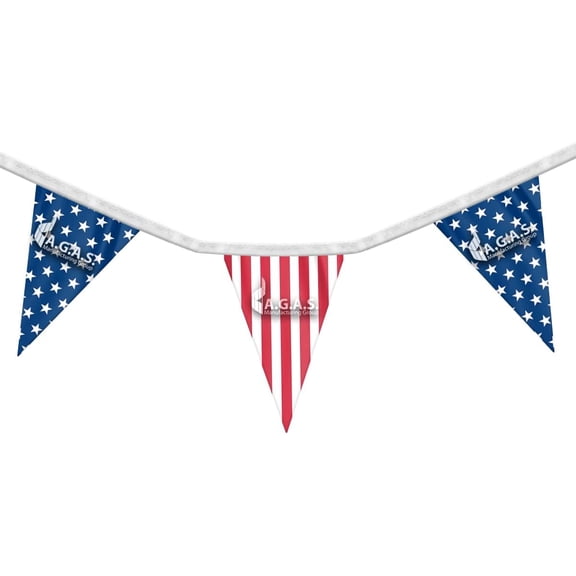 AGAS Mfg 12"x18" Inch USA Pennant Streamers- Material Economy Polyester, 60' Ft Long and Has 24 Triangle Shaped Alternate Star & Striped Pennants.