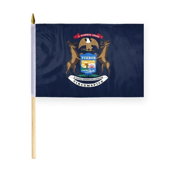 AGAS Michigan Stick Flag 12x18 Inch with 24 inch Wood Pole - Printed Polyester - State of Michigan Handheld Desk Flag Small Michigan Flag