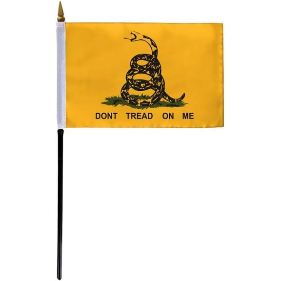 AGAS Mini Gadsden Don't Tread On Me Historical Stick Flags - 4x6 inch Polyester with 10" Plastic Pole - Bold Bright Yellow American Historical Coiled Rattle Snake Gadsden Mini Flag on a Stick