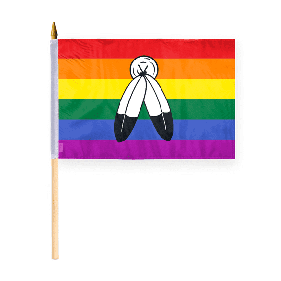 AGAS Mini Two-Spirit Rainbow Stick Flag 12x18 inch Flag on a 24 inch Wooden Flag Stick - Sewn Edges Fade Resistant Polyester - Twospirits Handheld Stick Flag