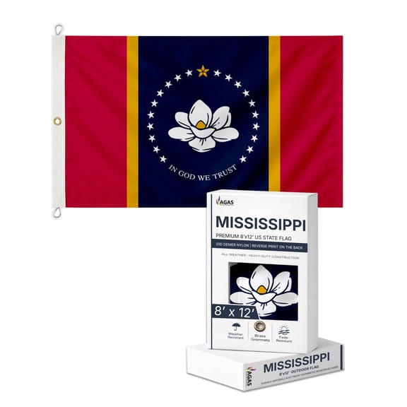 AGAS Mississippi State Flag 8x12 Ft - Double Sided Reverse Print On Back 200D Nylon - Rope Thimble Brass Grommet Stitched Edges Fade Proof Sharp Colors - Large Size Indoor/Outdoor Mississippi Flag