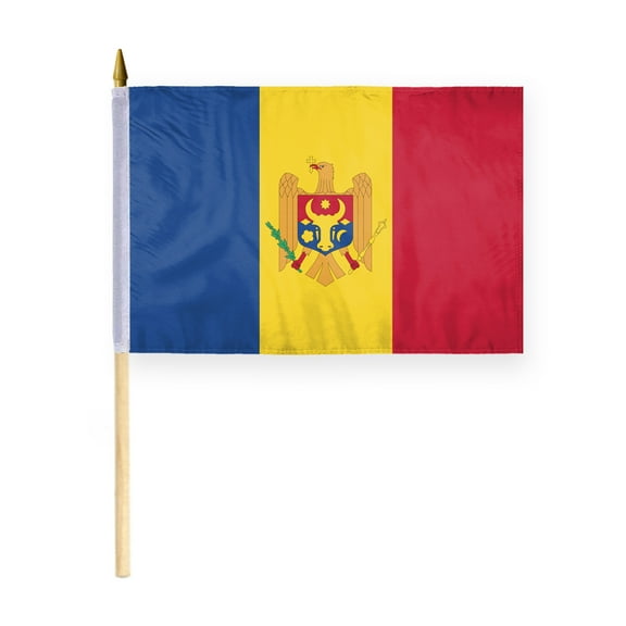 AGAS Moldova Flag 12x18 inch - 24" Wood Pole 100% Polyester Double Stitched Moldovan National Mini Handheld Flag