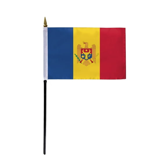 AGAS Moldova Flag 4x6 inch - 11" Plastic Pole 100% Polyester Stitched Edges Moldovan National Mini Flag on a Stick